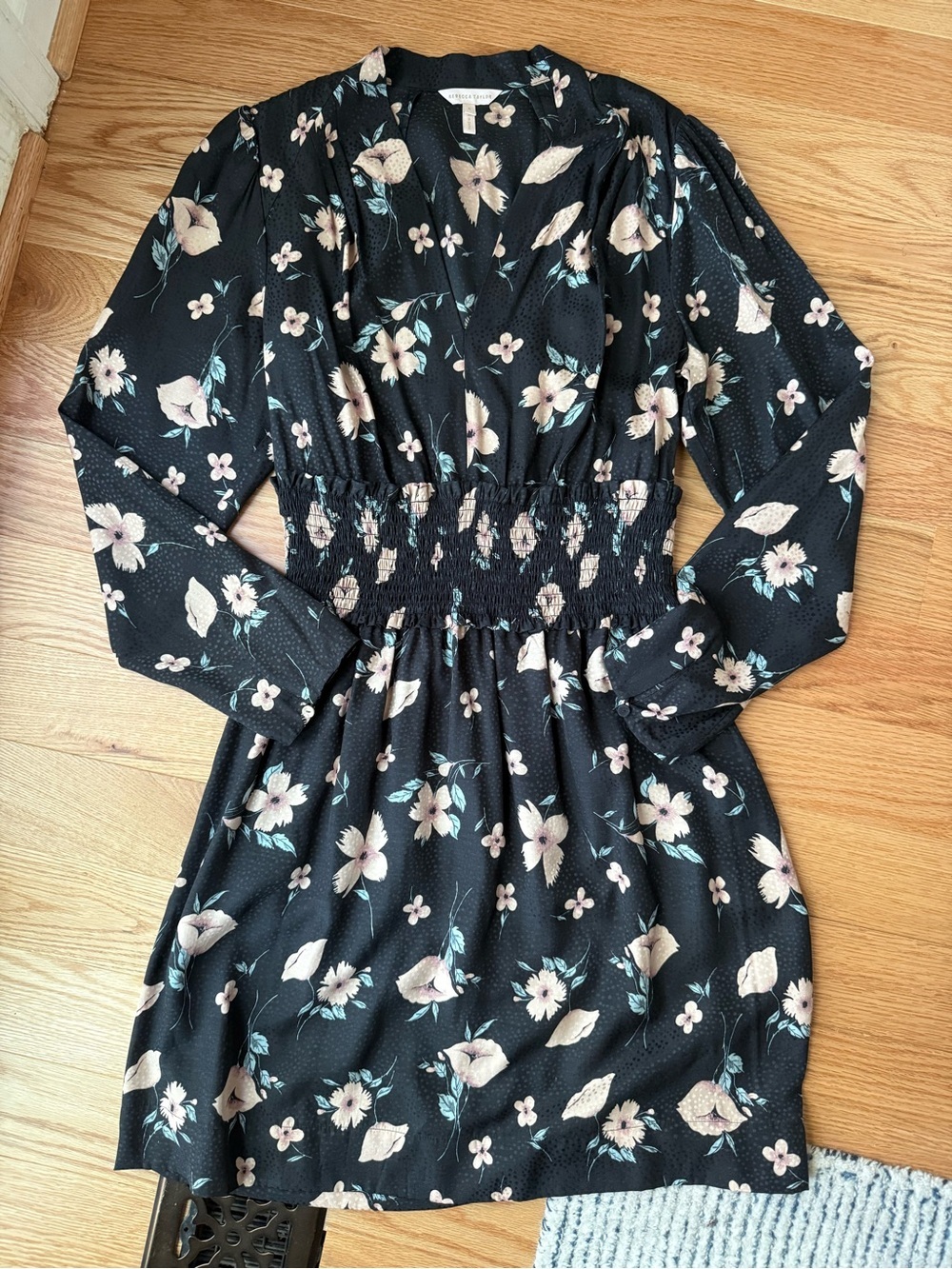 Rebecca Taylor Daniella Silk Floral Long Sleeve Ruched Waist Mini Dress - Size 8